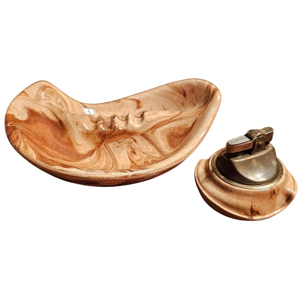 Vintage Arnel's Marbled Ceramic Ashtray and Table Lighter Set Brown Tan A81 MCM